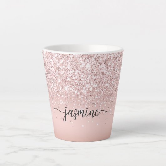 Elegant roze Rose Gold Glitter Monogram Naam Latte Mok (Voorkant)