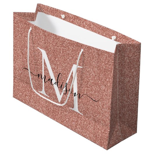 Elegant roze Rose Gold Glitter Monogram Script Groot Cadeauzakje (Voorkant Gekanteld)