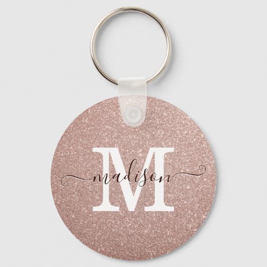 Elegant roze Rose Gold Glitter Monogram Script Sleutelhanger (Voorkant)