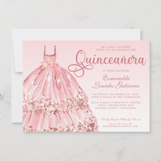 Elegant roze Rose Gold Glitter Quinceañera Kaart (Voorkant)