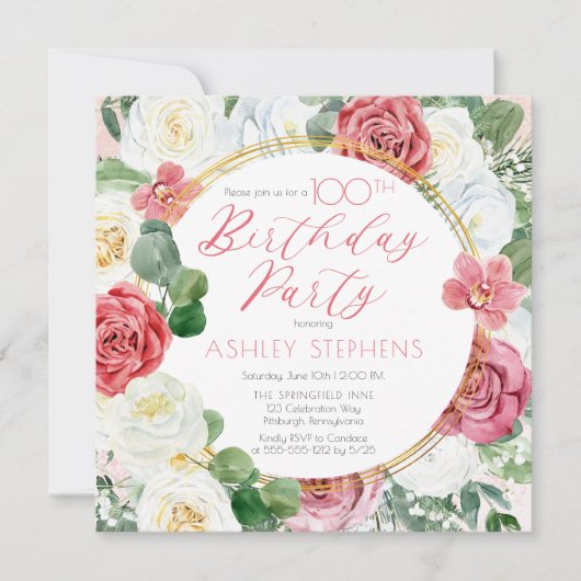 Elegant roze Rose |Gold Lijst 100e verjaardag Kaart (Voorkant)