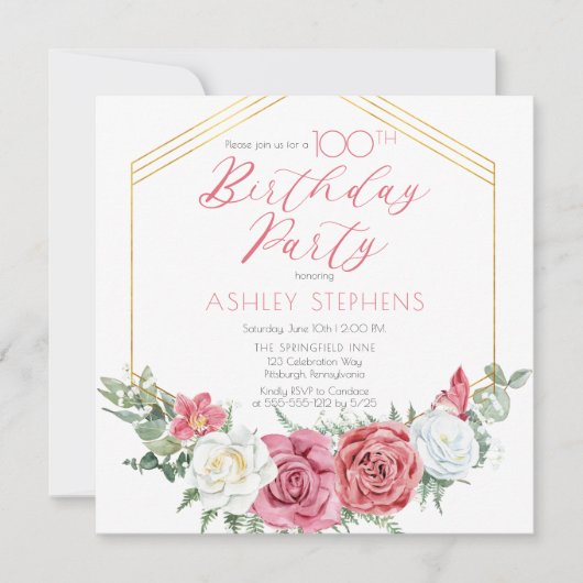 Elegant roze Rose |Gold Lijst 100e verjaardag Kaart (Voorkant)