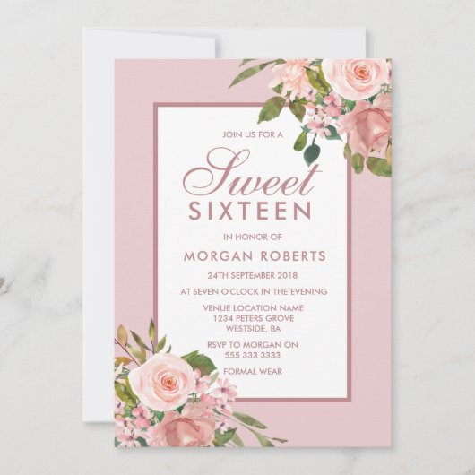 Elegant roze Rose Gold Sweet 16 Invite Kaart (Voorkant)