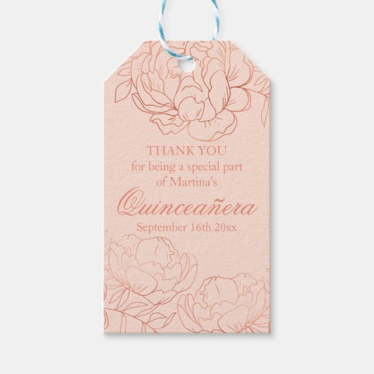 Elegant Roze Rose Goud Bloemen Schets Quinceanera Cadeaulabel (Voorkant)