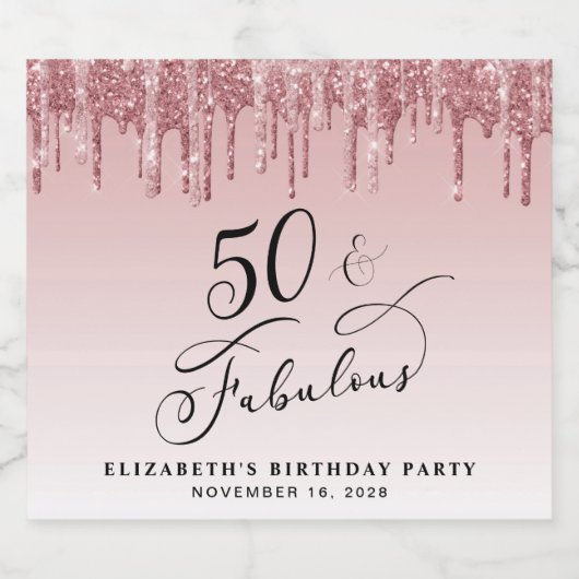 Elegant Roze Rose Goud Glitter 50ste Verjaardagsfe Sparkling Wijnetiket (Enkel label)