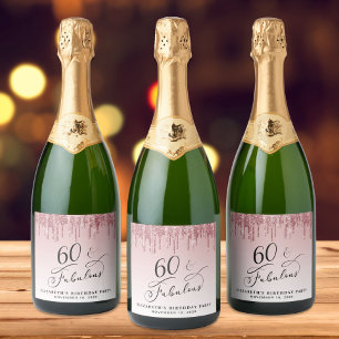 Elegant Roze Rose Goud Glitter 60e Verjaardagsfees Sparkling Wijnetiket