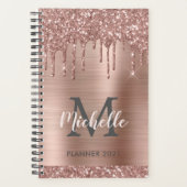 Elegant Roze Rose Goud Glitter Drips Monogram 2024 Planner (Voorkant)