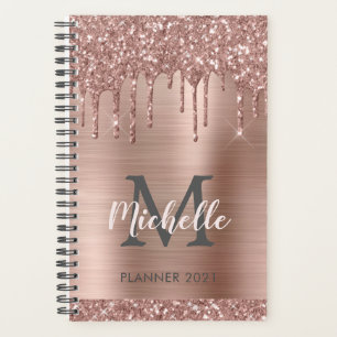 Elegant Roze Rose Goud Glitter Drips Monogram 2024 Planner