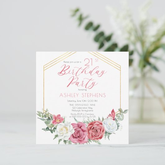 Elegant roze Rose | Goud Lijst 21e verjaardag Kaart (Staand voorkant)