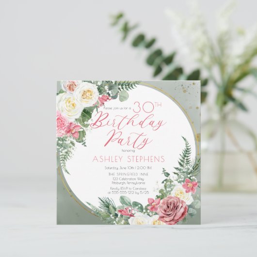 Elegant roze Rose |Goud Lijst 30e verjaardag Kaart (Staand voorkant)