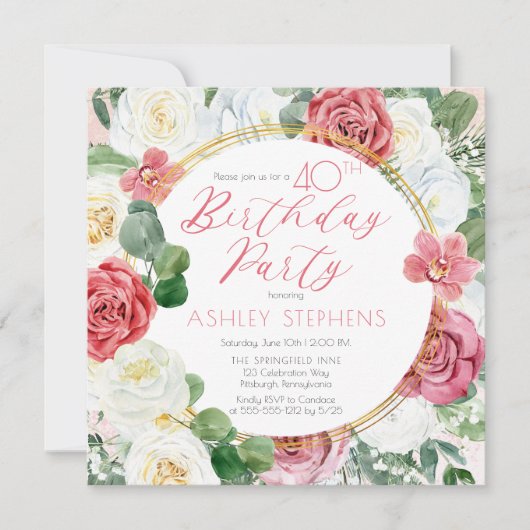 Elegant roze Rose | Goud Lijst 40e verjaardag Kaart (Voorkant)