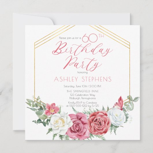 Elegant roze Rose | Goud Lijst 60e verjaardag Kaart (Voorkant)
