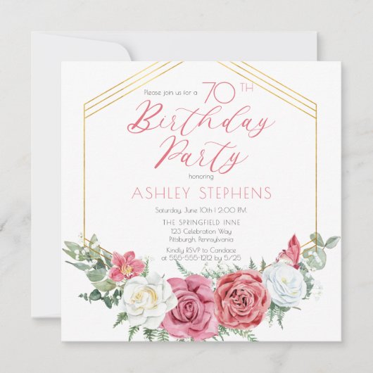 Elegant roze Rose | Goud Lijst 70e verjaardag Kaart (Voorkant)