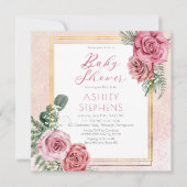 Elegant roze Rose | Goud Lijst Baby shower Kaart (Voorkant)