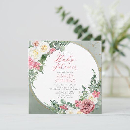 Elegant roze Rose | Goud Lijst Baby shower Kaart (Staand voorkant)