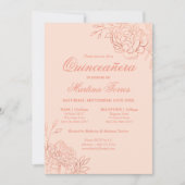 Elegant Roze Rose Goud Schets Bloemen Quinceanera Kaart (Voorkant)