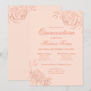 Elegant Roze Rose Goud Schets Bloemen Quinceanera Kaart