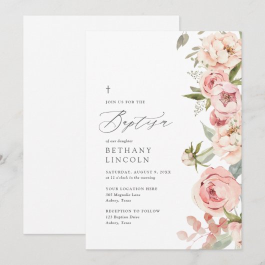Elegant roze Rose Peony Floral Girl Baptisme Kaart (Voorkant / Achterkant)