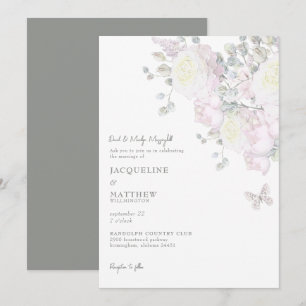 Elegant roze Rose & Peony Sage Wedding Invitation Kaart