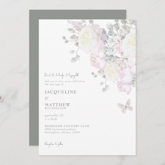 Elegant roze Rose & Peony Sage Wedding Invitation Kaart (Voorkant / Achterkant)