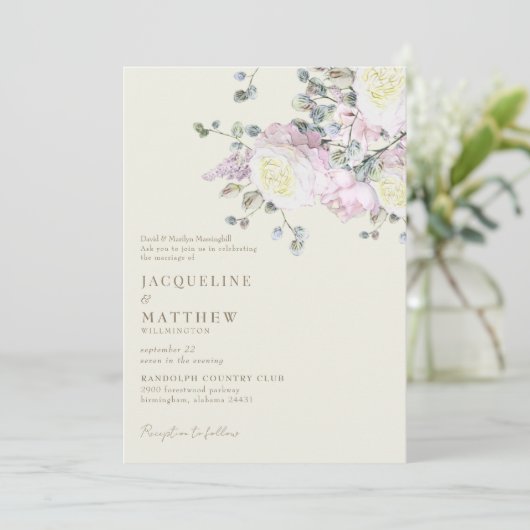 Elegant Roze Rose & Pioengeel Bruiloft Kaart (Staand voorkant)