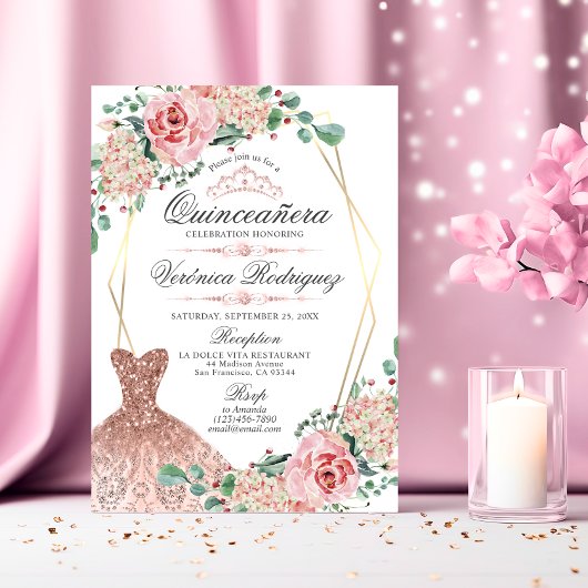 Elegant Roze Rose Quinceañera Quince Crown Tiara Kaart