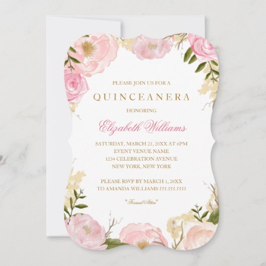 Elegant Roze Rose Quinceanera Uitnodigen Kaart (Voorkant)