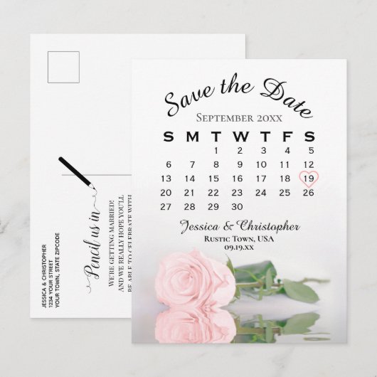 Elegant roze Rose Wedding Calendar Save the Date Aankondigingskaart (Voorkant / Achterkant)