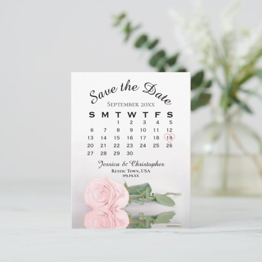 Elegant roze Rose Wedding Calendar Save the Date Aankondigingskaart (Staand voorkant)