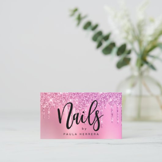 Elegant roze roségoud glitter druppelt nagels visitekaartje (Staand voorkant)