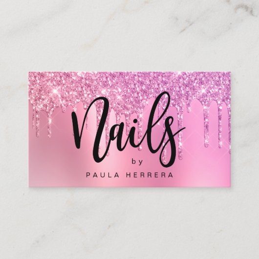 Elegant roze roségoud glitter druppelt nagels visitekaartje (Voorkant)