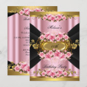 Elegant roze Roses Black Gold Birthday Party Kaart (Voorkant / Achterkant)