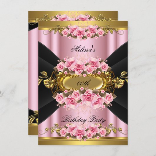 Elegant roze Roses Black Gold Birthday Party Kaart (Voorkant / Achterkant)