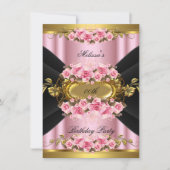 Elegant roze Roses Black Gold Birthday Party Kaart (Voorkant)