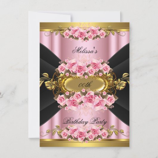 Elegant roze Roses Black Gold Birthday Party Kaart (Voorkant)