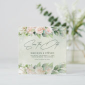 Elegant roze Roses Eucalyptus Greenery Wedding Save The Date (Staand voorkant)