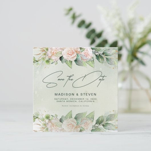 Elegant roze Roses Eucalyptus Greenery Wedding Save The Date (Staand voorkant)