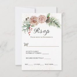 Elegant roze Roses Red Berries Evergreen Wedding RSVP Kaartje