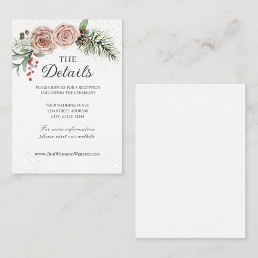 Elegant roze Roses Red Berries Greenery Wedding Informatiekaartje (Voorkant / Achterkant)