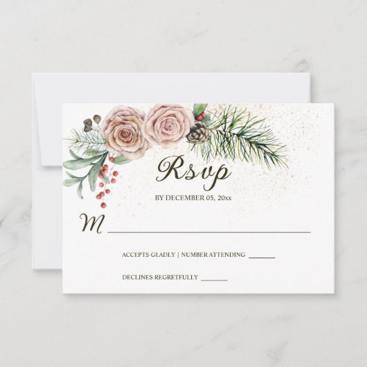 Elegant roze Roses Red Berries Greenery Wedding RSVP Kaartje (Voorkant)