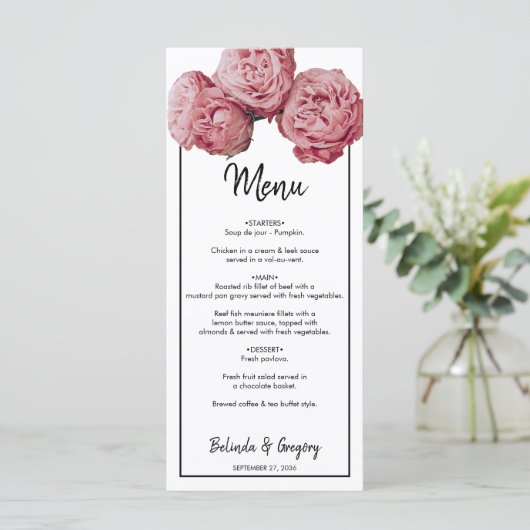 Elegant roze Roses Wedding Menu (Staand voorkant)