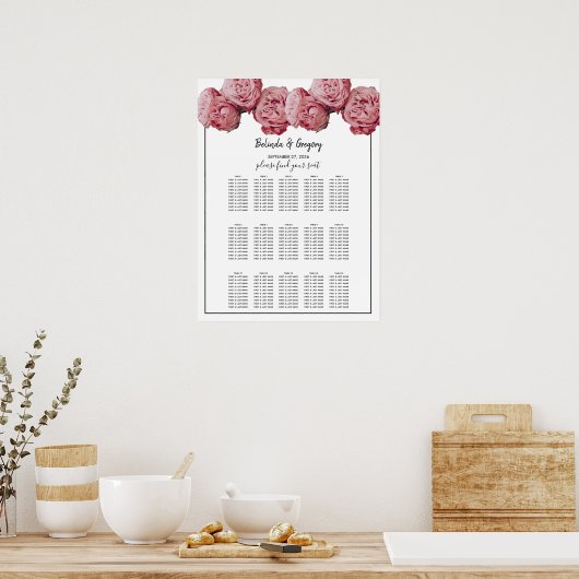 Elegant roze Roses Wedding Seding Chart Poster (Keuken)