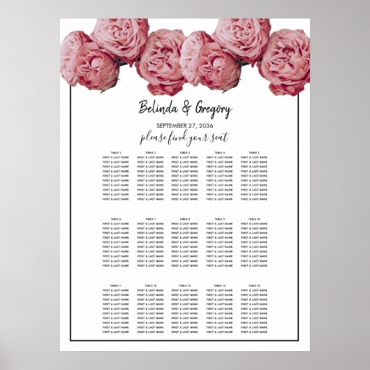 Elegant roze Roses Wedding Seding Chart Poster (Voorkant)