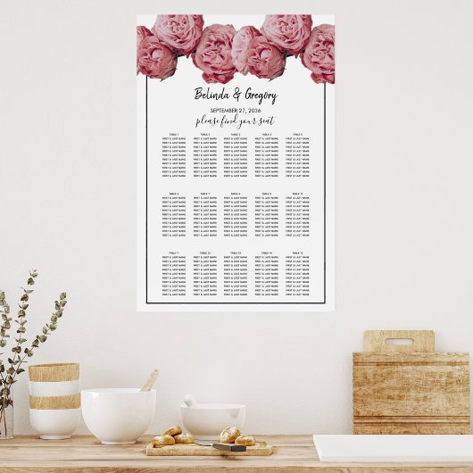 Elegant roze Roses Wedding Seding Chart Poster (Keuken)