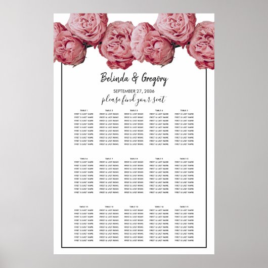 Elegant roze Roses Wedding Seding Chart Poster (Voorkant)