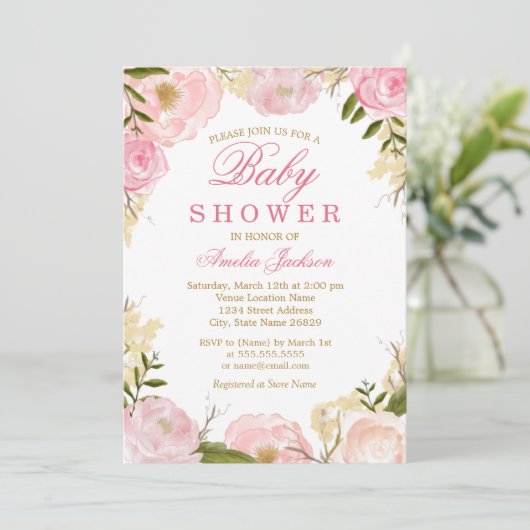 Elegant Roze Roze Baby shower Invitation Kaart (Staand voorkant)