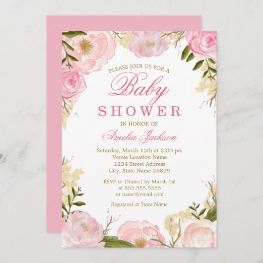 Elegant Roze Roze Baby shower Invitation Kaart (Voorkant / Achterkant)