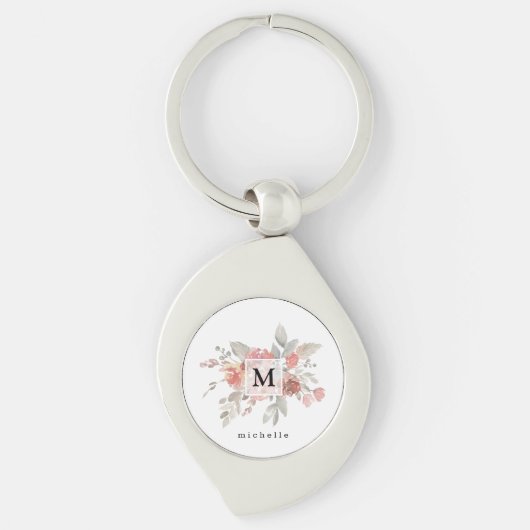 Elegant Roze Roze Bloemend Monogram Sleutelhanger (Voorkant)
