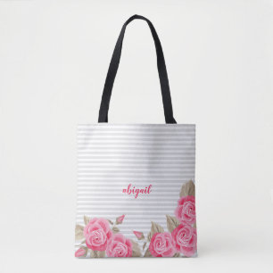 Elegant roze roze en Rozen gestreept patroon Tote Bag