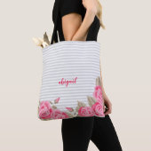 Elegant roze roze en Rozen gestreept patroon Tote Bag (Dichtbij)